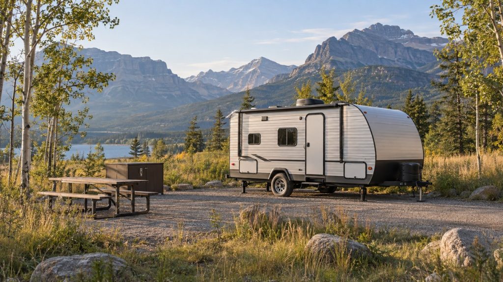 Hard-sided camping in a mountain landscape.