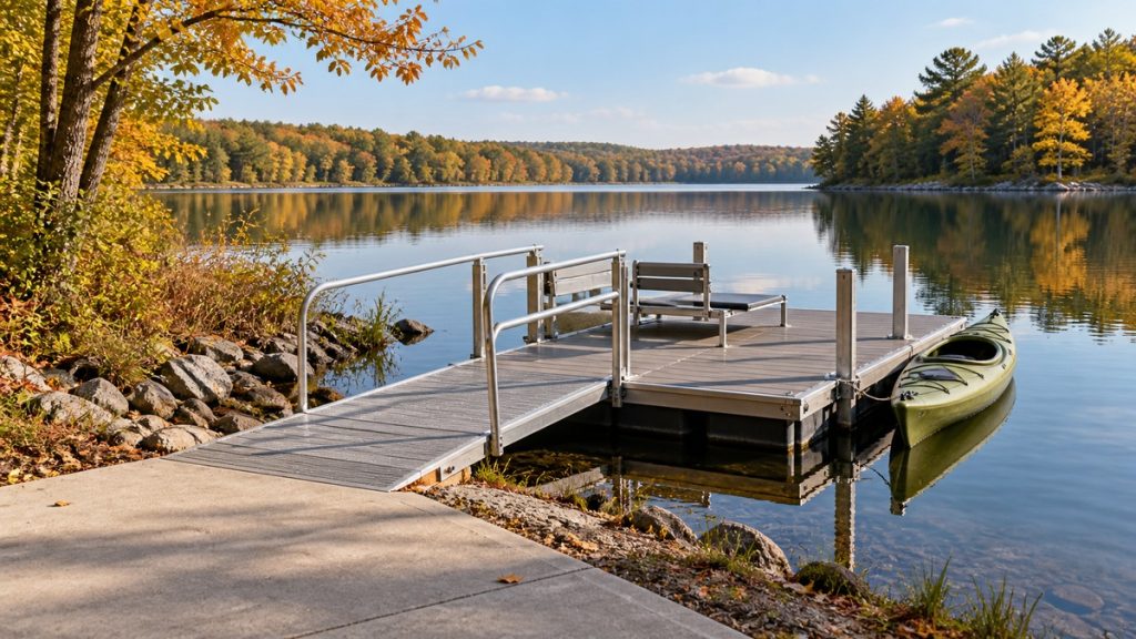 An accessible paddle launch beside a quiet wooded lake