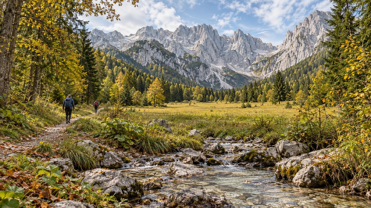 Hikers beside an alpine stream with forested slopes and limestone peaks.
