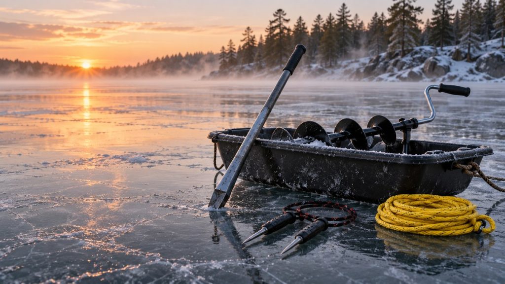 Ice spud bar, auger sled, ice picks and throw rope on early lake ice at dawn